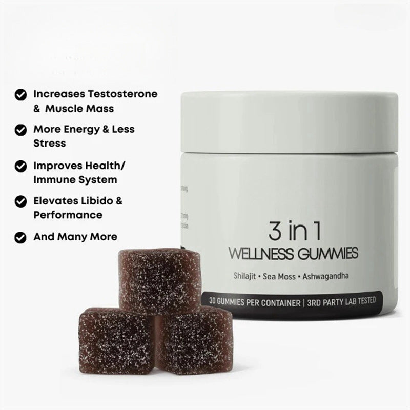 3-in-1 Wellness Gummies – Shilajit, Sea Moss & Ashwagandha – Natural Vitality, Energy & Immunity Support – 30 Vegan Gummies