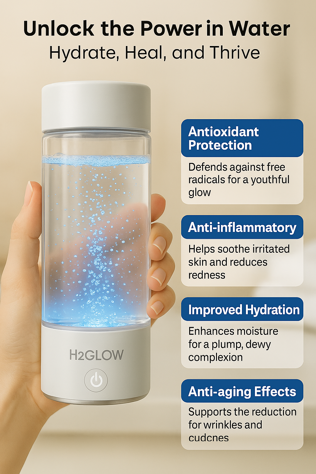H2Glow™ Hydrogen Water Bottle for Glowing Skin, Energy & Inflammation