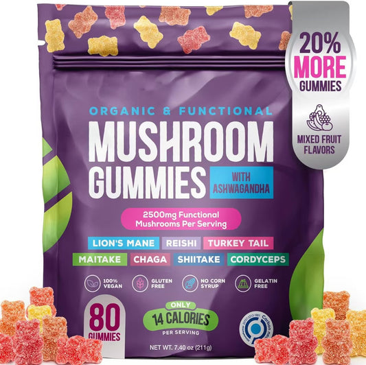 Mushroom Gummies with Ashwagandha – Lions Mane, Reishi, Chaga, Cordyceps & More – 80 Vegan Gummies, Mixed Fruit Flavor