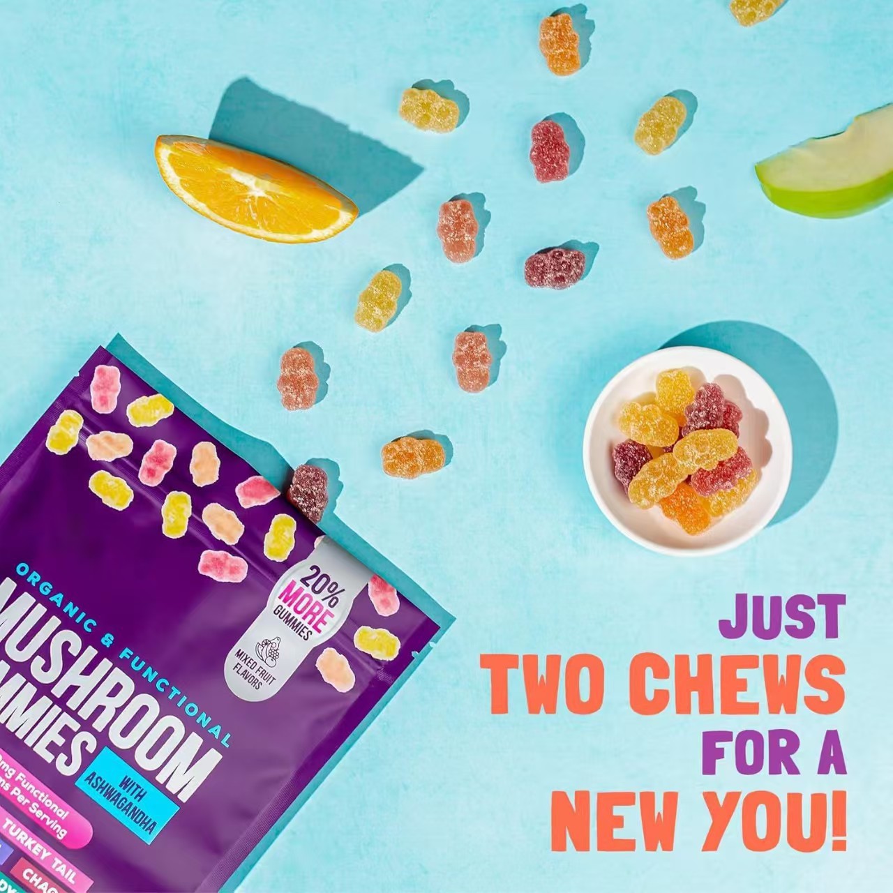 Pilzgummis mit Ashwagandha – Löwenmähne, Reishi, Chaga, Cordyceps und mehr – 80 vegane Gummis, gemischter Fruchtgeschmack