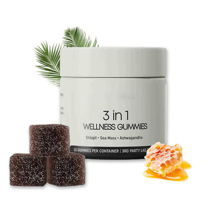 3-in-1 Wellness Gummies – Shilajit, Sea Moss & Ashwagandha – Natural Vitality, Energy & Immunity Support – 30 Vegan Gummies