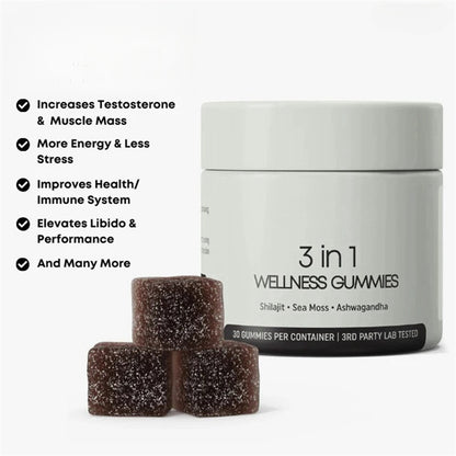 3-in-1 Wellness Gummies – Shilajit, Sea Moss & Ashwagandha – Natural Vitality, Energy & Immunity Support – 30 Vegan Gummies