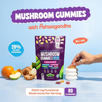 Pilzgummis mit Ashwagandha – Löwenmähne, Reishi, Chaga, Cordyceps und mehr – 80 vegane Gummis, gemischter Fruchtgeschmack