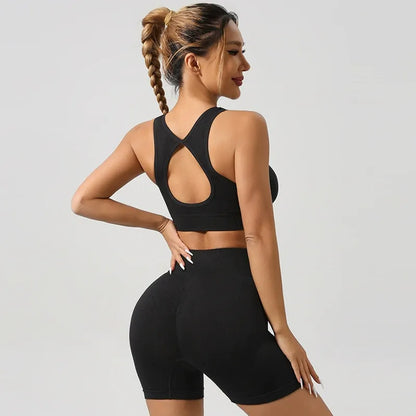 Knitted Yoga Set Sports Bra High Waist Shorts Fitness Outfit