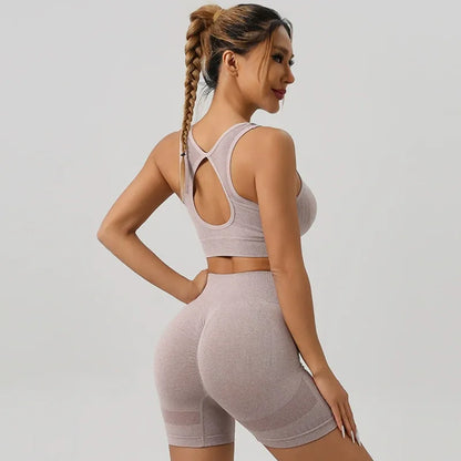 Knitted Yoga Set Sports Bra High Waist Shorts Fitness Outfit